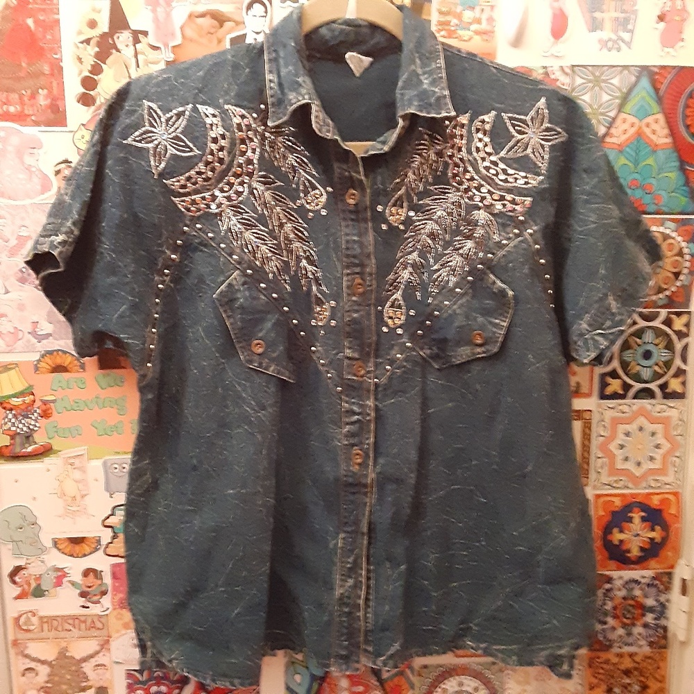 VTG Pret M Oversized L/XL Denim Acid Jean Rhinestone Gold Embroidered Button Top